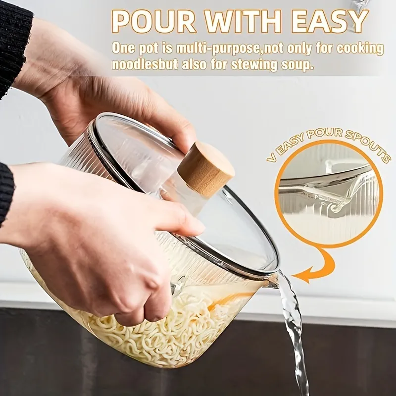 Multi-Purpose Glass Noodle Pot with Easy Pour Spout, Kitchen Tool for Noodles and Soup