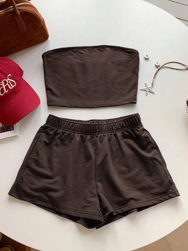 Brown Shorts Two Piece Set