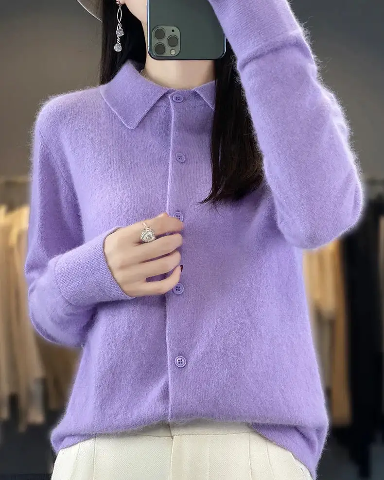 Mink-Cashmere Cashmere Button-Front Polo-Collar Cardigan