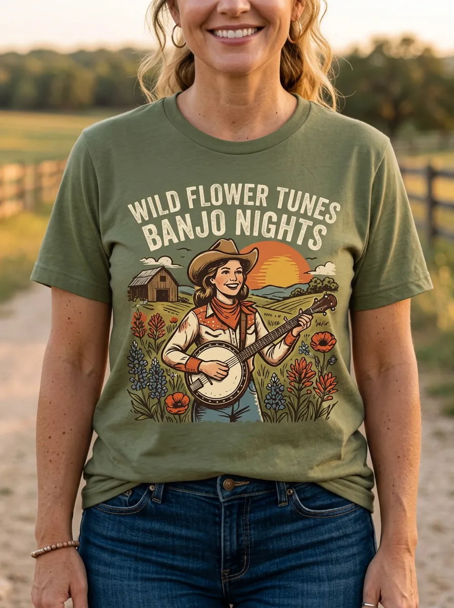 Music-Festival Banjo Wildflower Country Music Crewneck T-Shirt