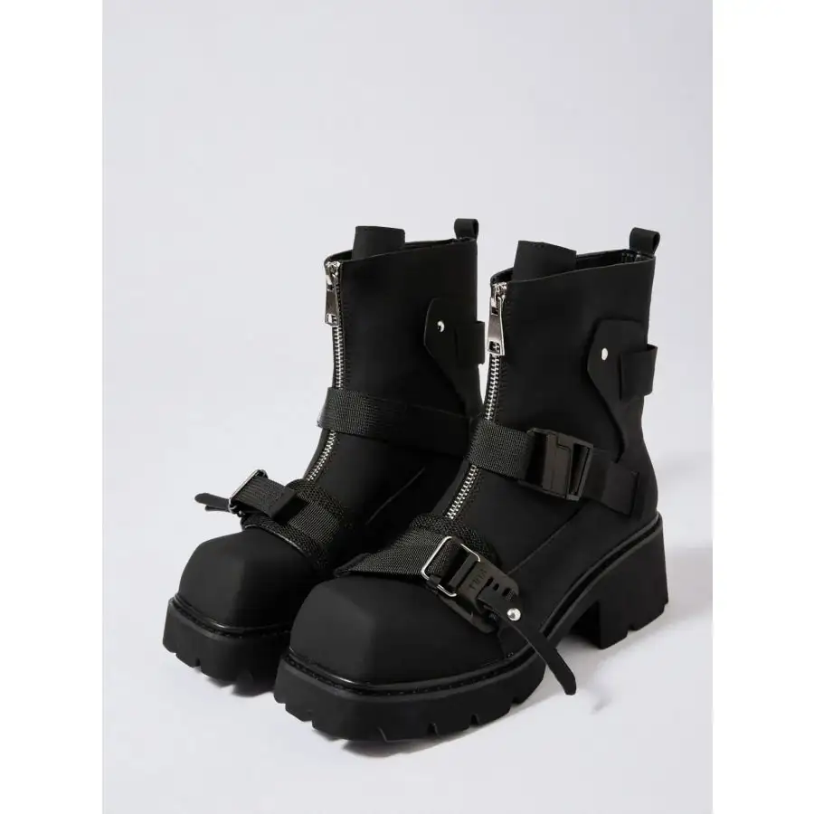 Chunky Platform Boots with Buckle Straps and Front Zip