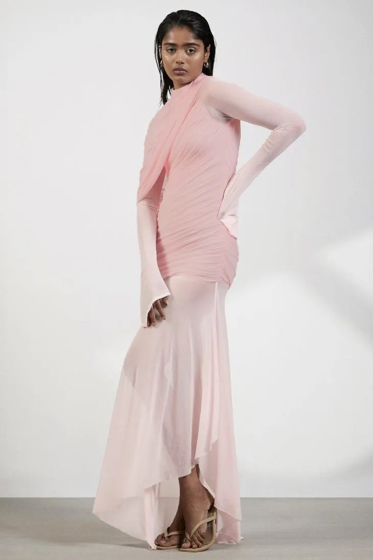 Gathering Asymmetrical Long Sleeve Maxi Dress