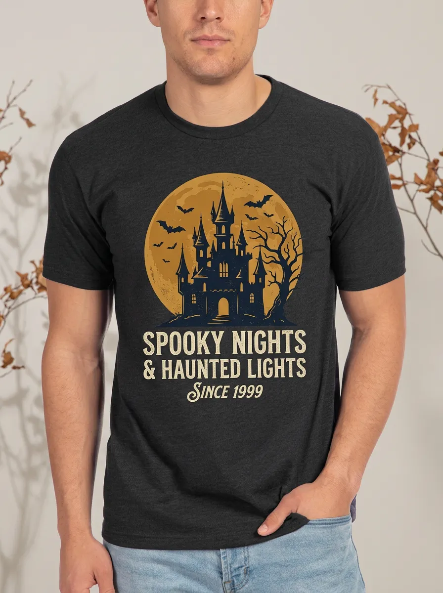 Men's Halloween Haunted Castle Moon Printed T-shirt