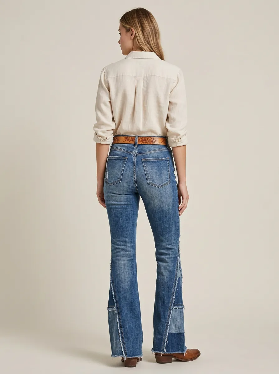 Women's Western Style Distressed Patchwork Flare Jeans