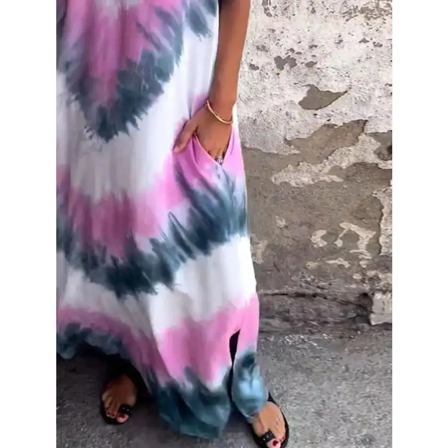Full Size Tie-Dye V-Neck Midi Dress with Pockets Plus Size