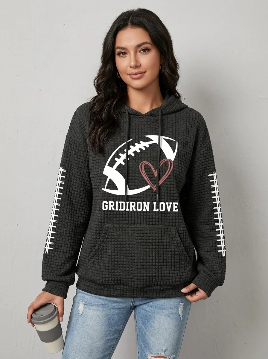 Women's Casual Gridiron Heart Ball Love Graphic Hoodie