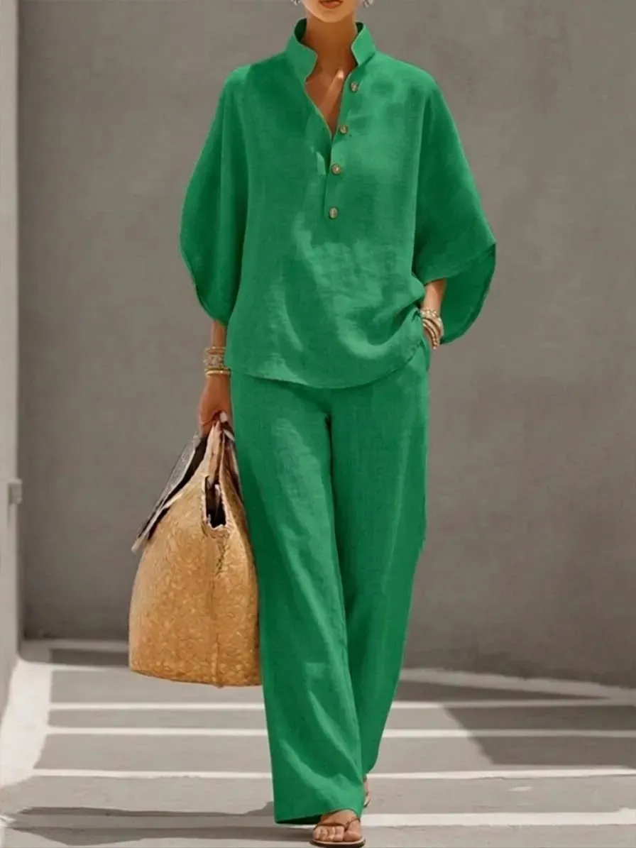 🔥 🔥Women's Batwing Sleeve Two-Piece Set – Casual Shirt & Wide Leg Pants Outfit