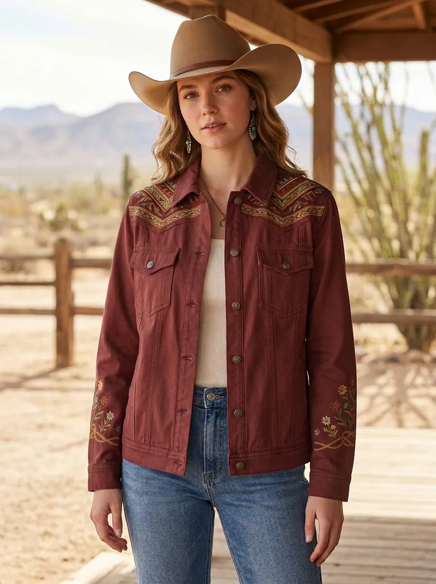 Women's Western Cowboy Floral Embroidery Floral Embroidered Denim Jacket