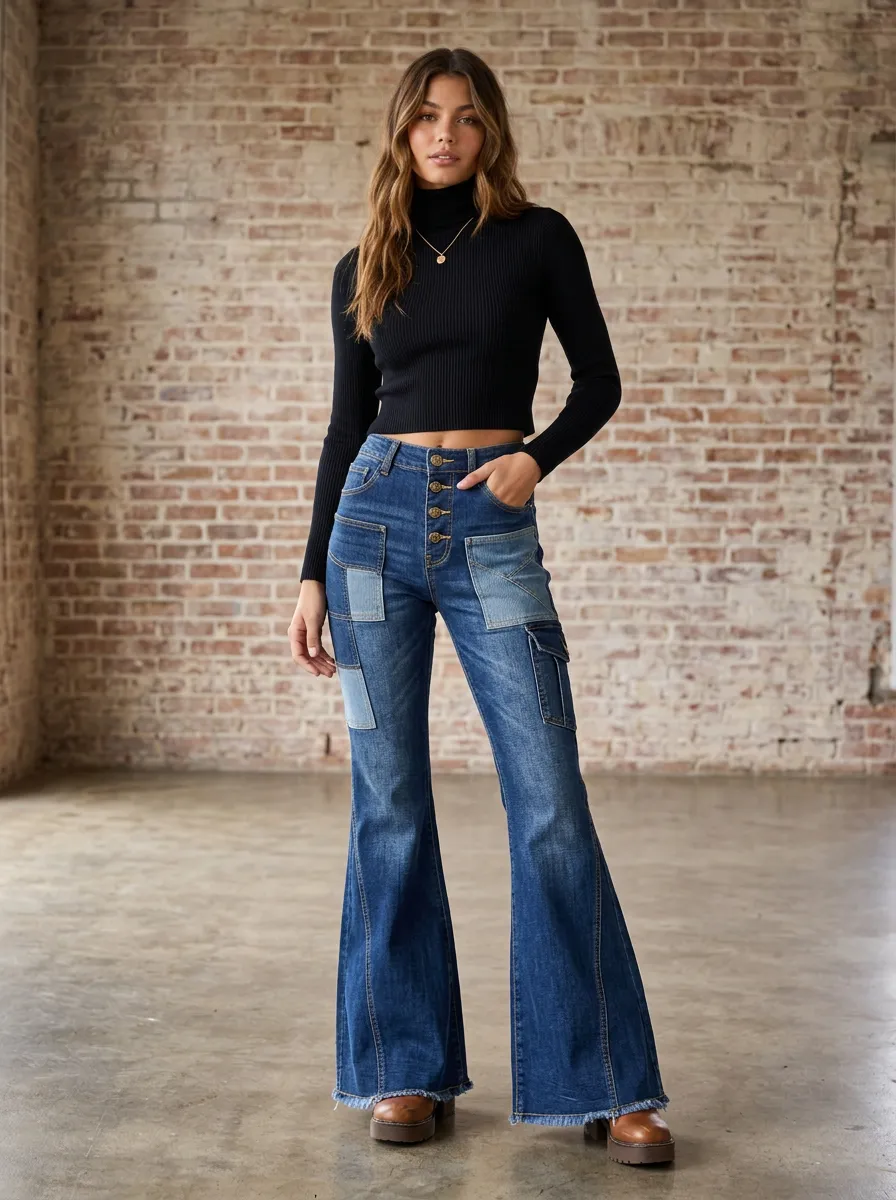 Women's Vintage Patchwork High-Waisted Button-Fly Flared Jeans