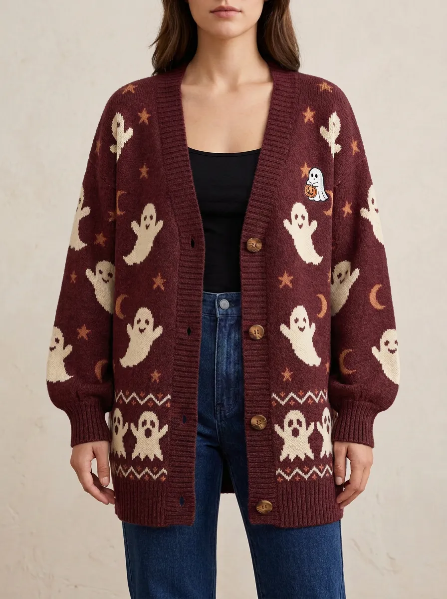 Women's Ghost Pumpkin Star Moon Halloween Knit Cardigan