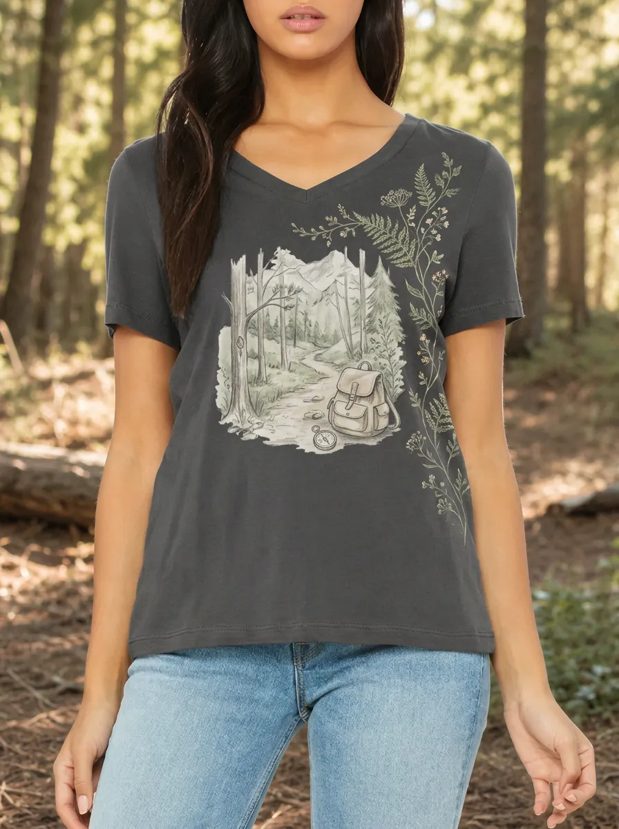 Women's Hiking Nature Lover Forest Backpack Compass Printed T-shirt