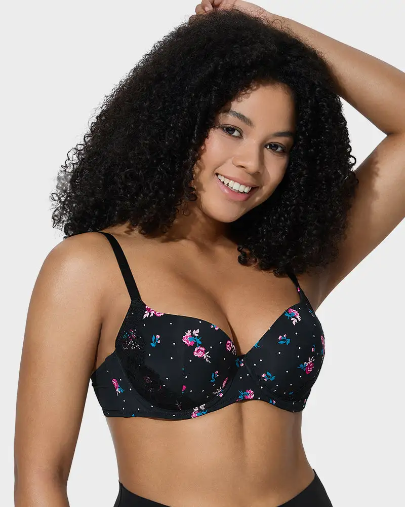 Deep V Lace Trim Full Coverage Push Up Bra