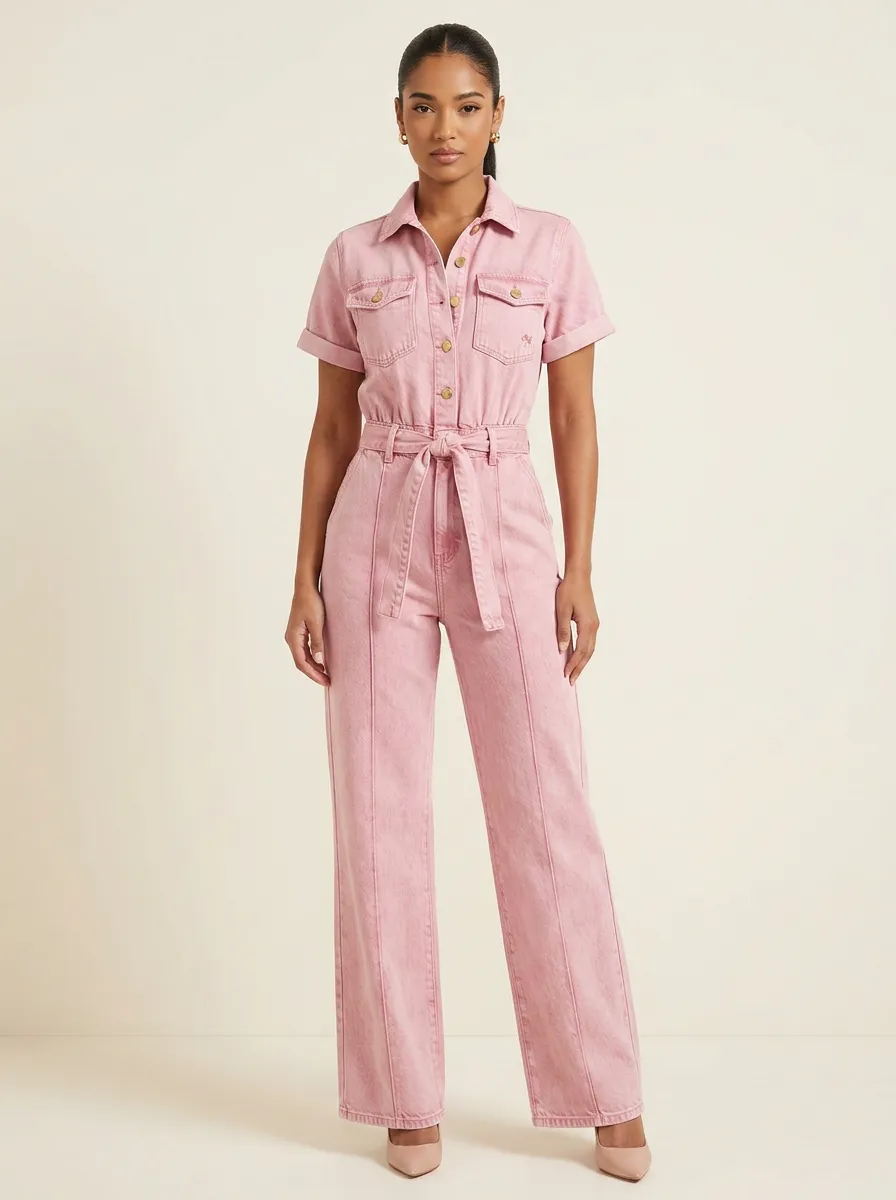 Pink Casual Minimalist Embroidered Denim Jumpsuit