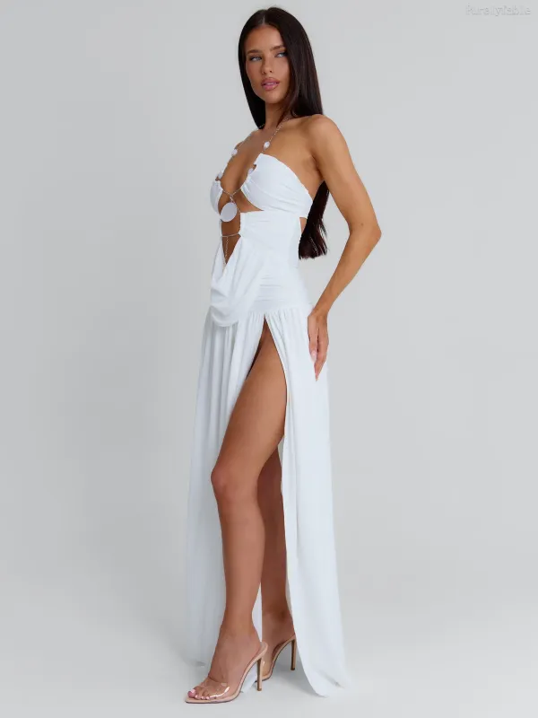 Azalea White Bead Chain Hanging Neck Hollow Dress