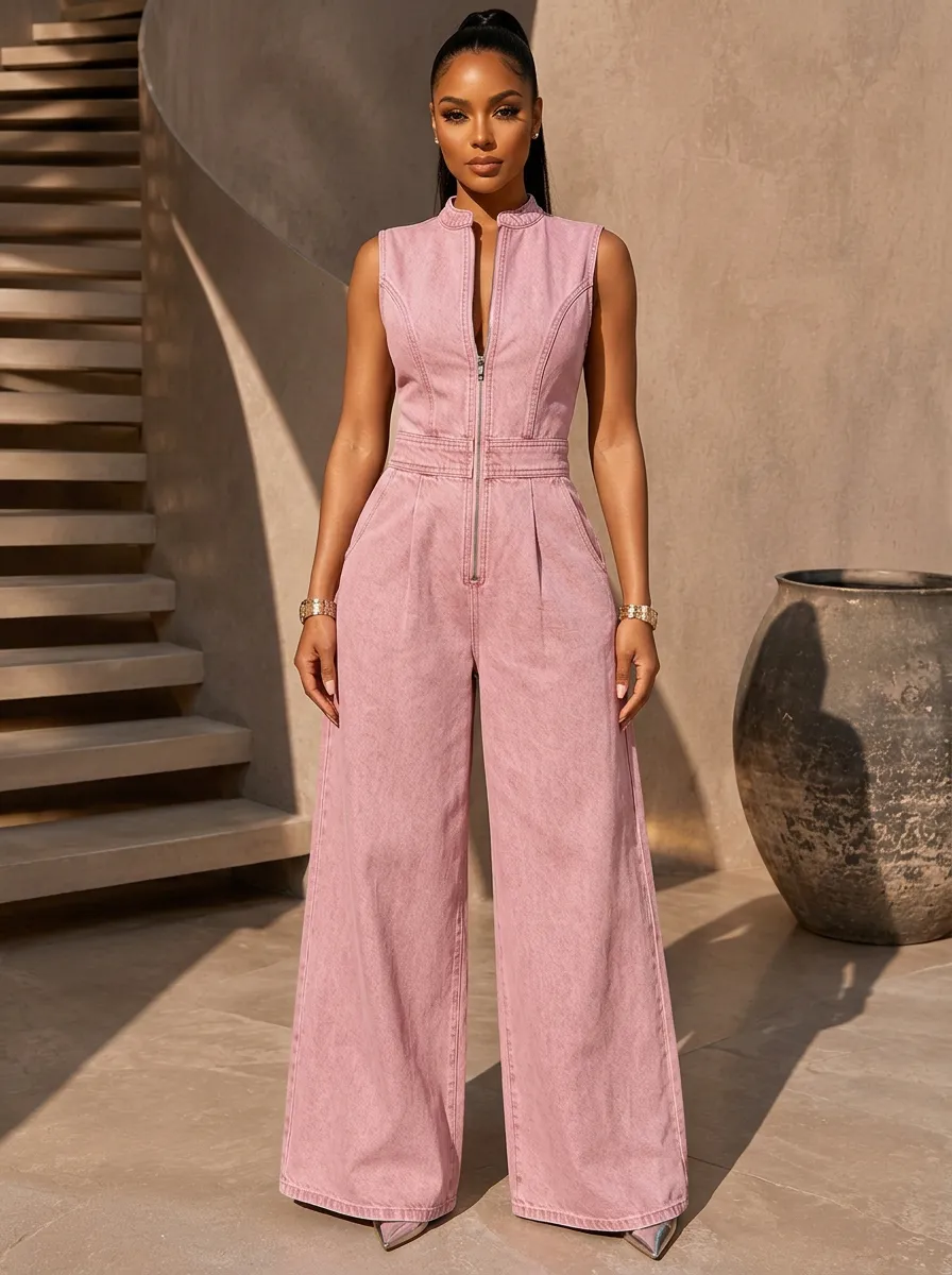 Pink Modern Sleeveless Zip-Front Wide-Leg Denim Jumpsuit