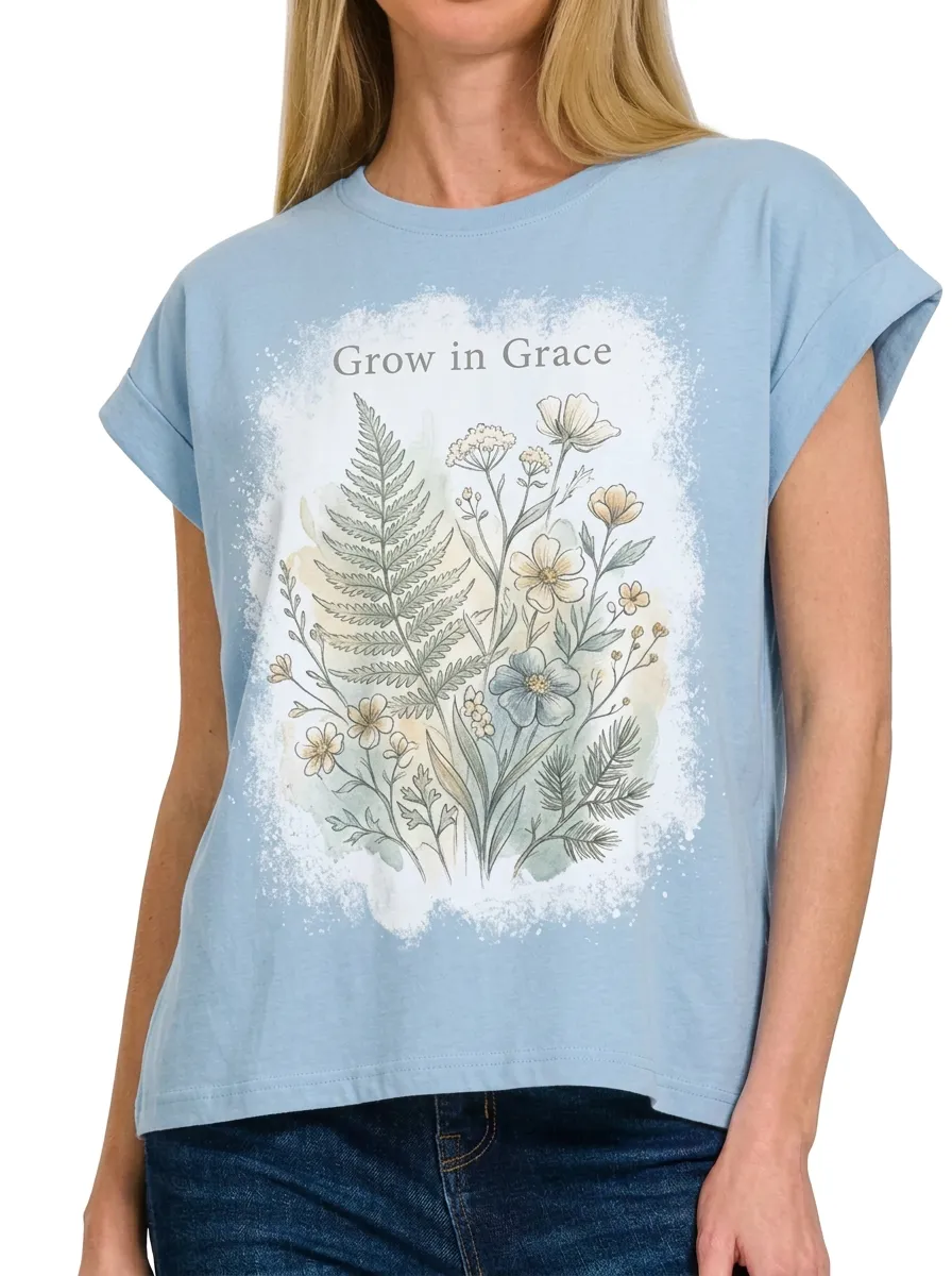 Women's Christian Faith Grow in Grace Floral Printed T-shirt