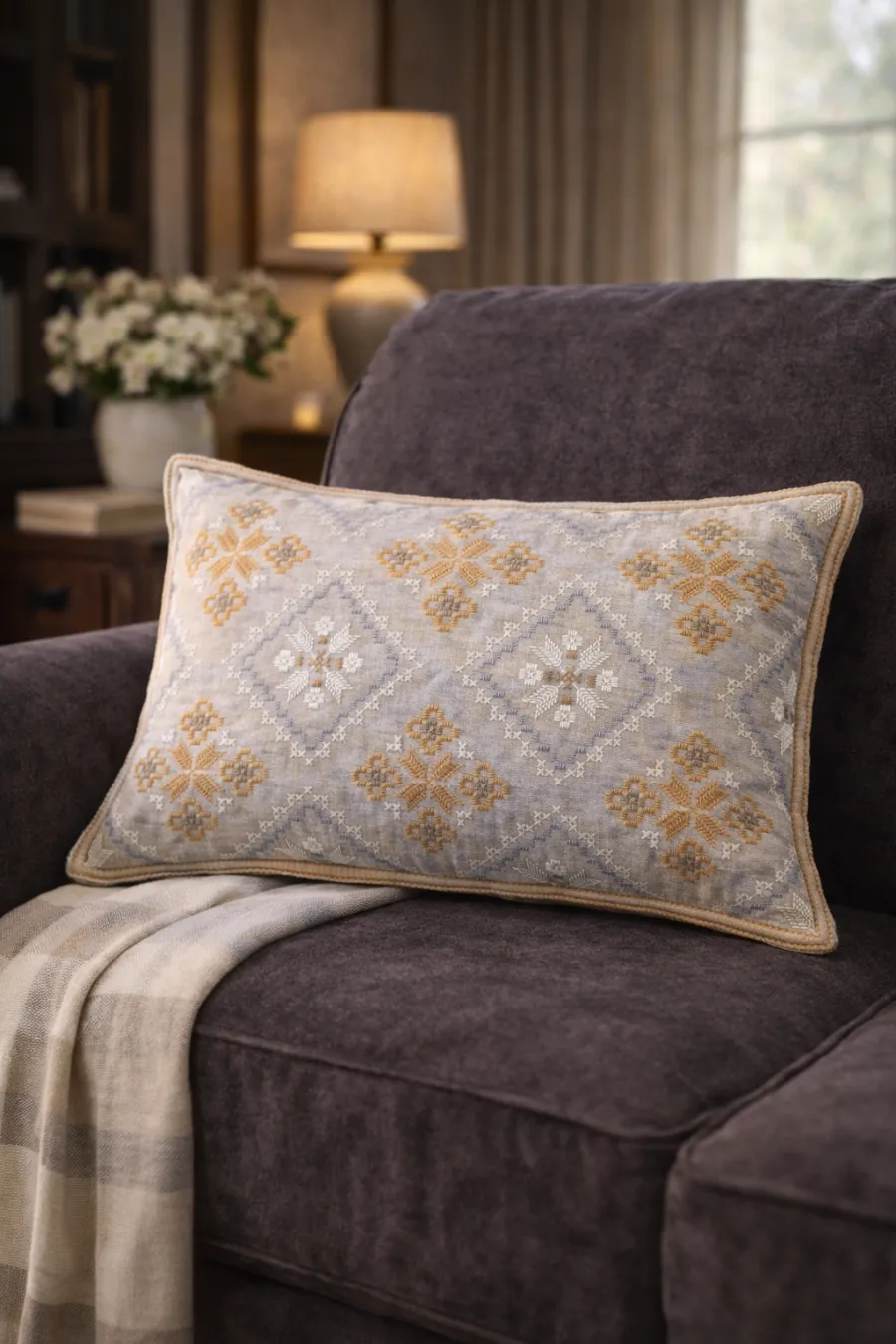 Embroidered Cotton Lumbar Decorative Cushion Cover