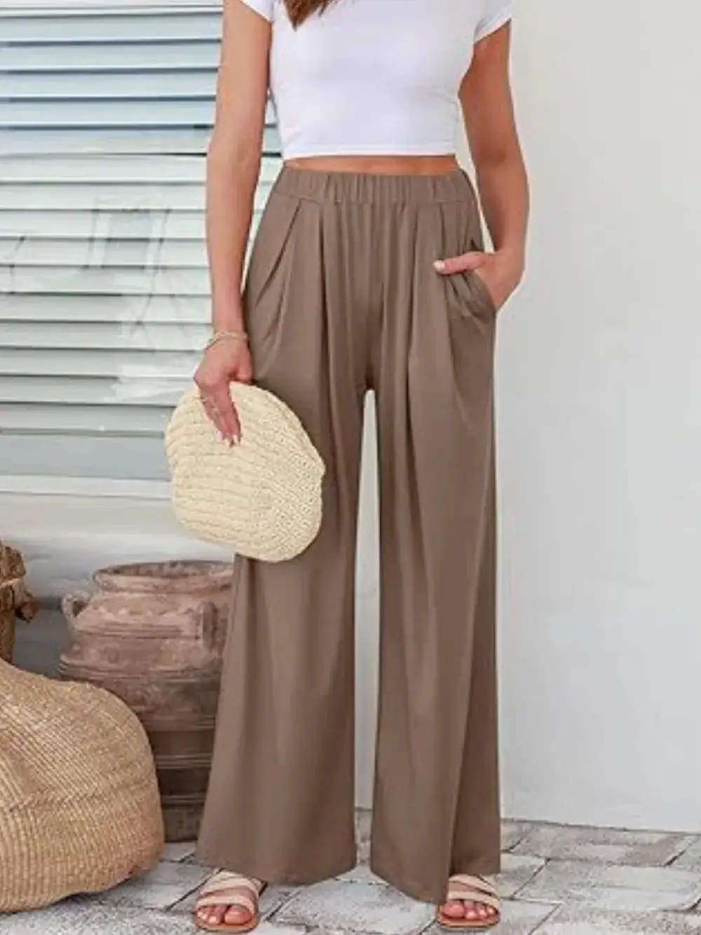 Wide Leg Elastic Waist Pocketed Everyday Pants