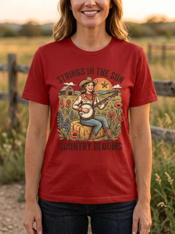 Western Banjo Floral Country Music Crewneck T-Shirt