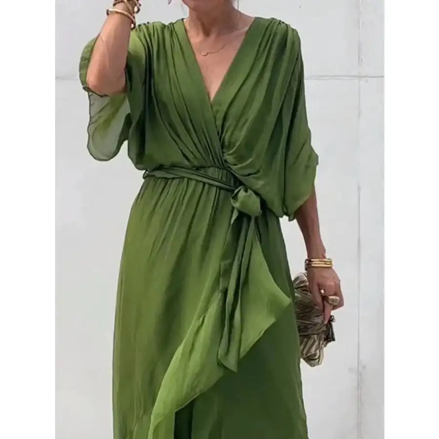 Full Size Flowy Tie Front Midi Dress with Flutter Sleeves Plus Size