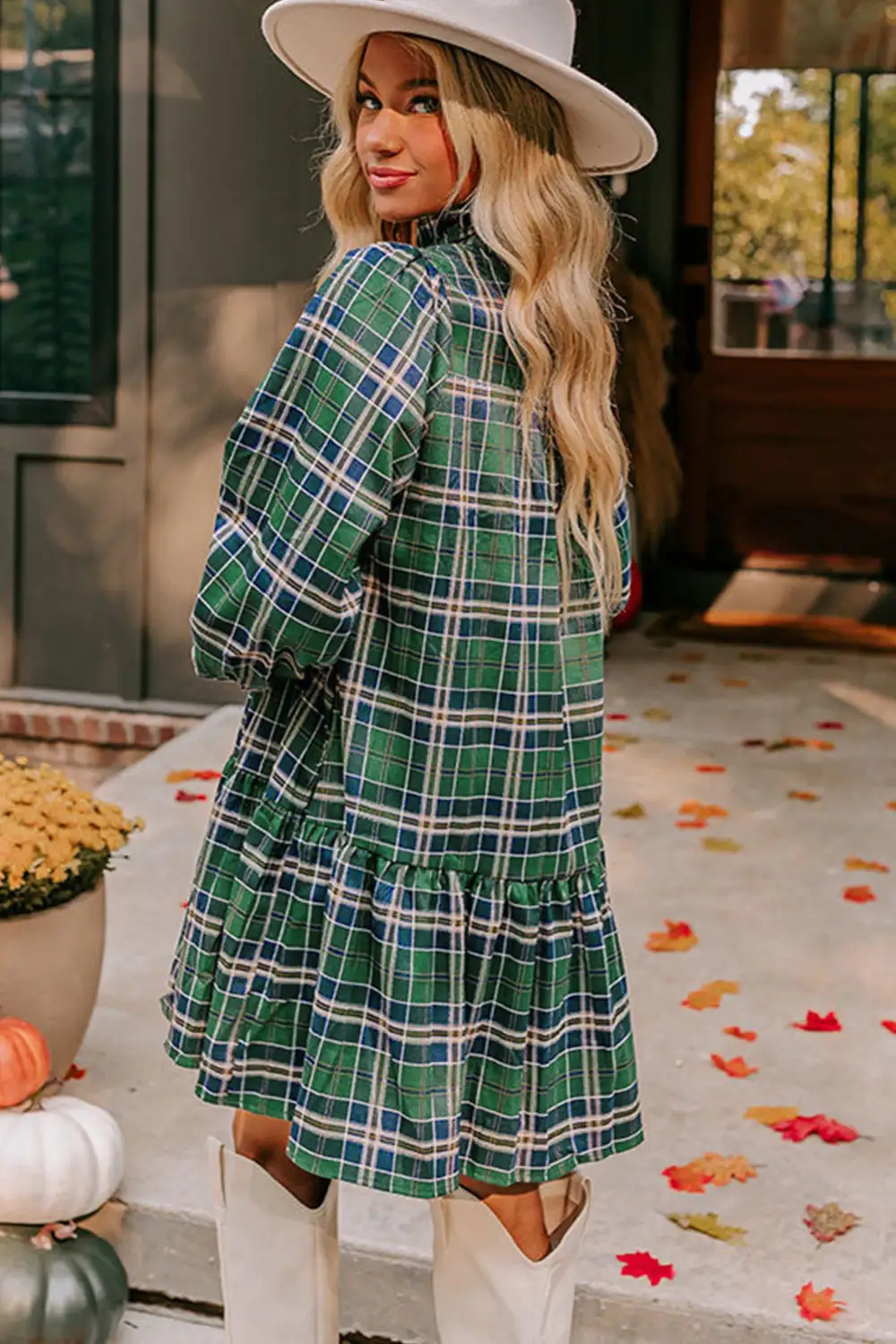 Plaid Print Frilly Collar Long Sleeve Shift Mini Dress Chic
