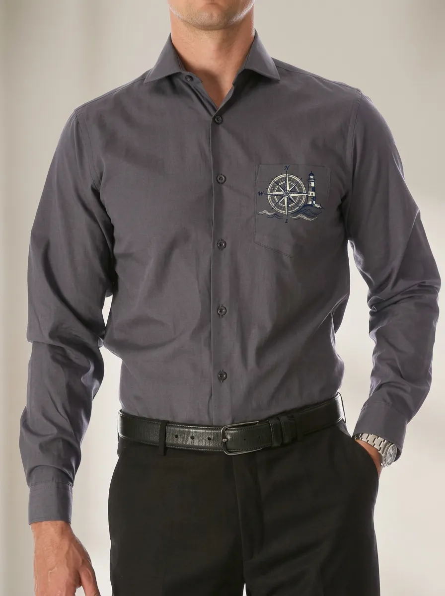 Men's Nautical Compass Lighthouse Printed Long Sleeve Shirt