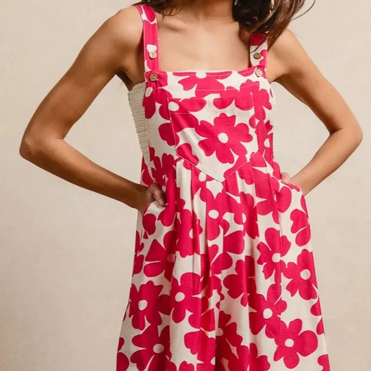 Floral Print Tuck Detail Shortall Romper with Pockets