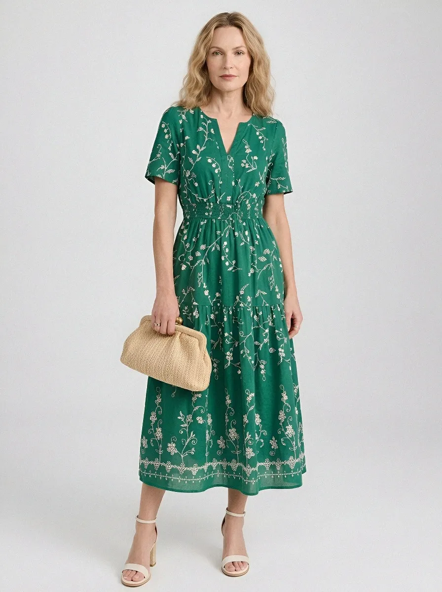 Women's Summer Vacation White Floral Green Printed Midi Dress