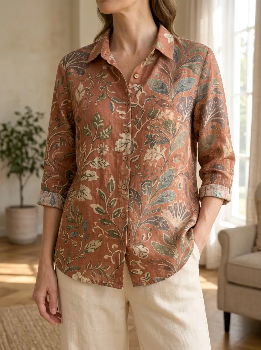 Women's Botanical Floral Rust Orange Printed Shirt
