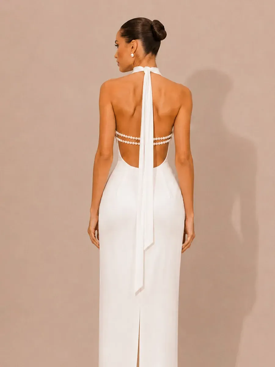 Selene Halter-Neck Beaded-Back Maxi Dress
