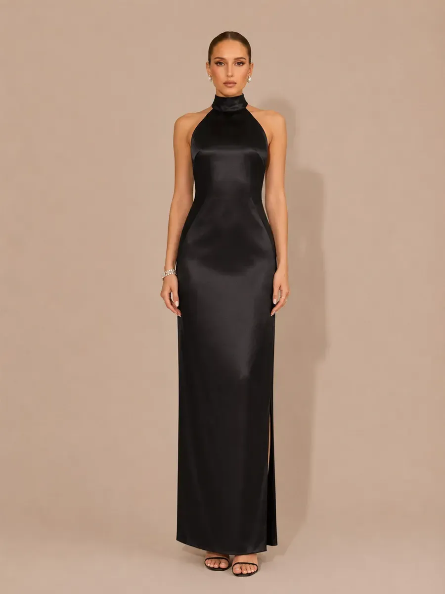Selene Halter-Neck Beaded-Back Maxi Dress