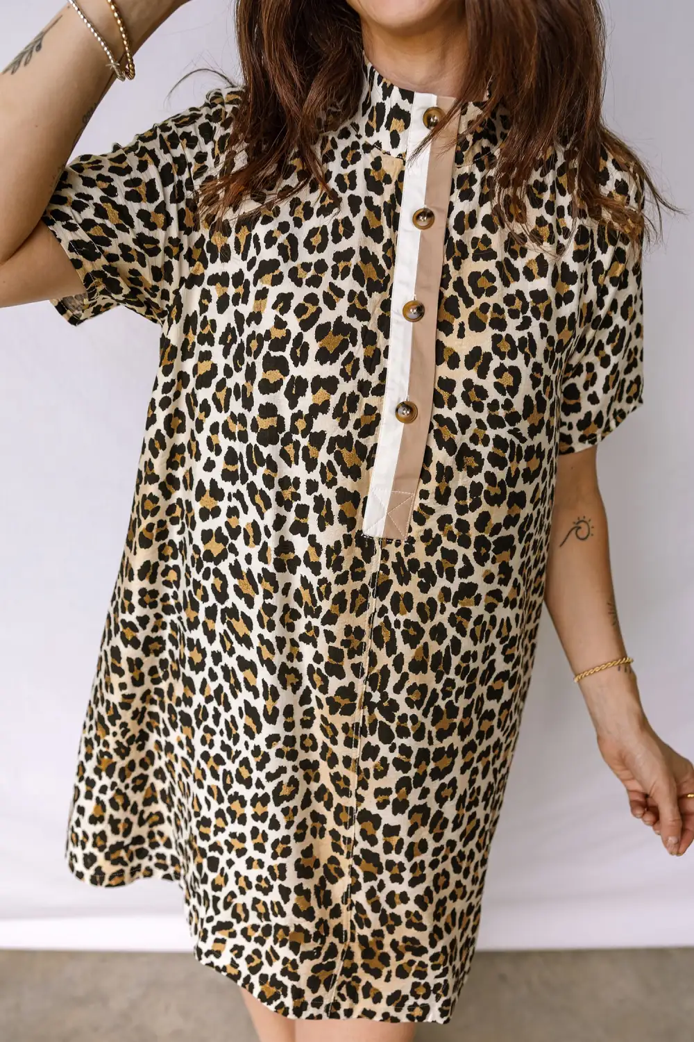 Playful Animal Print Button Front Pocket Detail Mini Dress