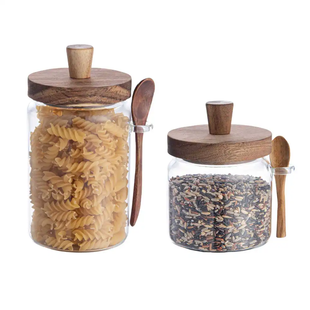 Acacia-Lid Pantry Jar Set With Spoons