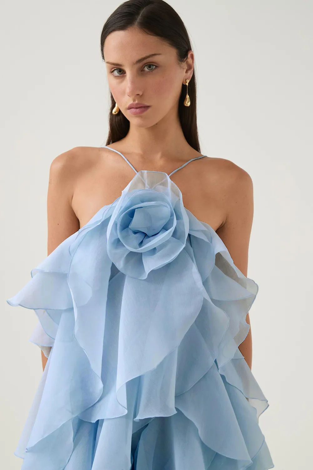 3D Flower Halter Neck Frill Maxi Dress