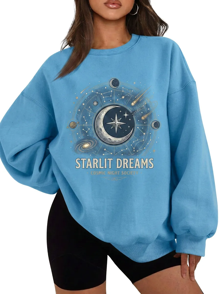 Women's Starlit Dreams Cosmic Moon Stars Printed T-shirt