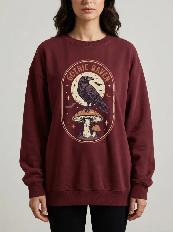 Women's Halloween Gothic Raven Mushroom Printed Sweatshirt
