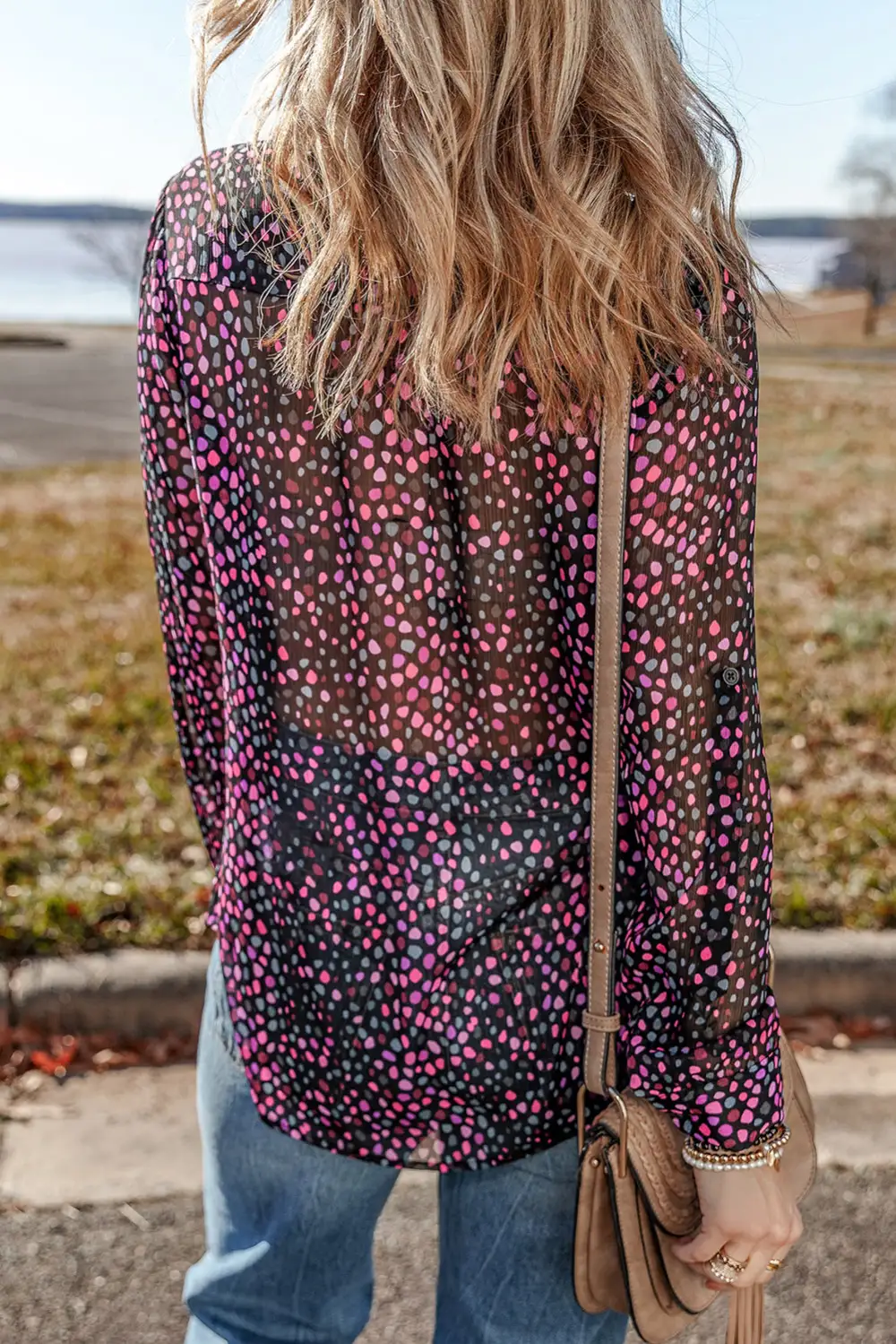 Boho Dot Print Button Front Shirt Blouse