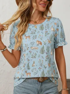 Fox Rabbit Deer Women's Loose Printed T-Shirt