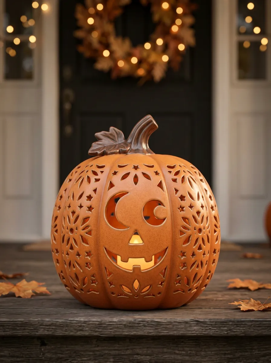 Cutout Ceramic-Look Floral Halloween Pumpkin Light