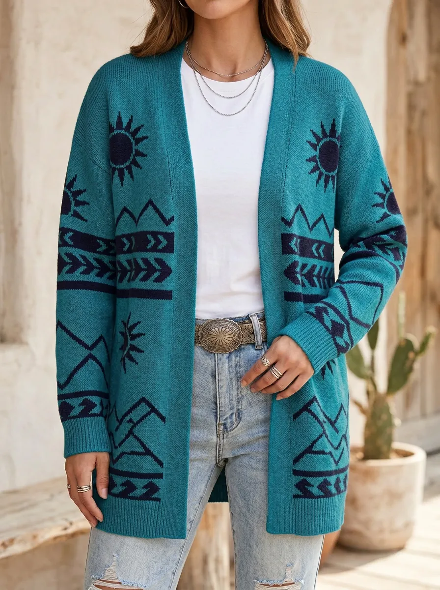 Women's Western Boho Sun Mountain Pattern Printed Cardigan