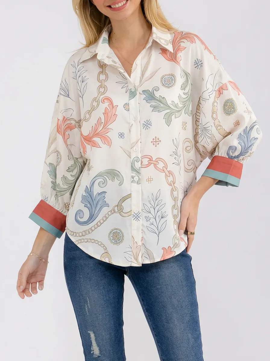 Women's Vintage Baroque Chain Floral Printed Button-up Shirt
