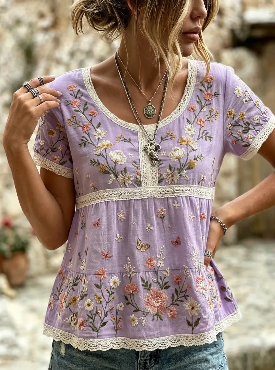 Women's Floral Butterfly Boho Embroidered Printed T-shirt
