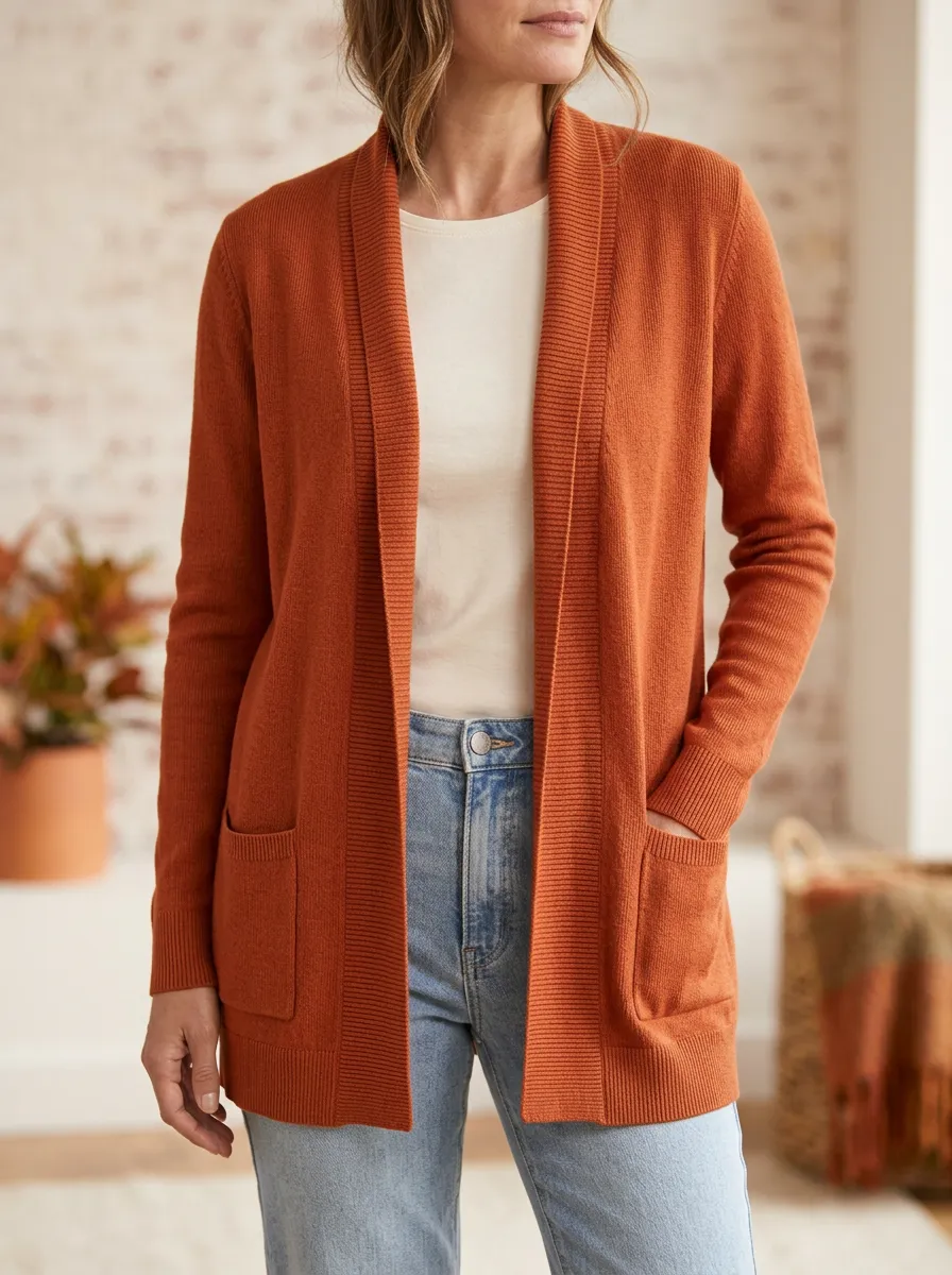 Natural Open-Front Knit Cardigan