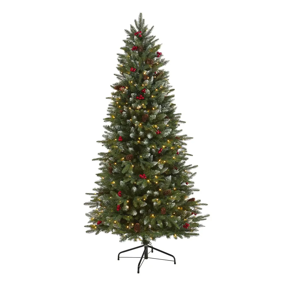 Snow Tipped Portland Spruce Artificial Christmas Tree with Frosted Berries and Pinecones with Clear LED Lights Botanical Accent