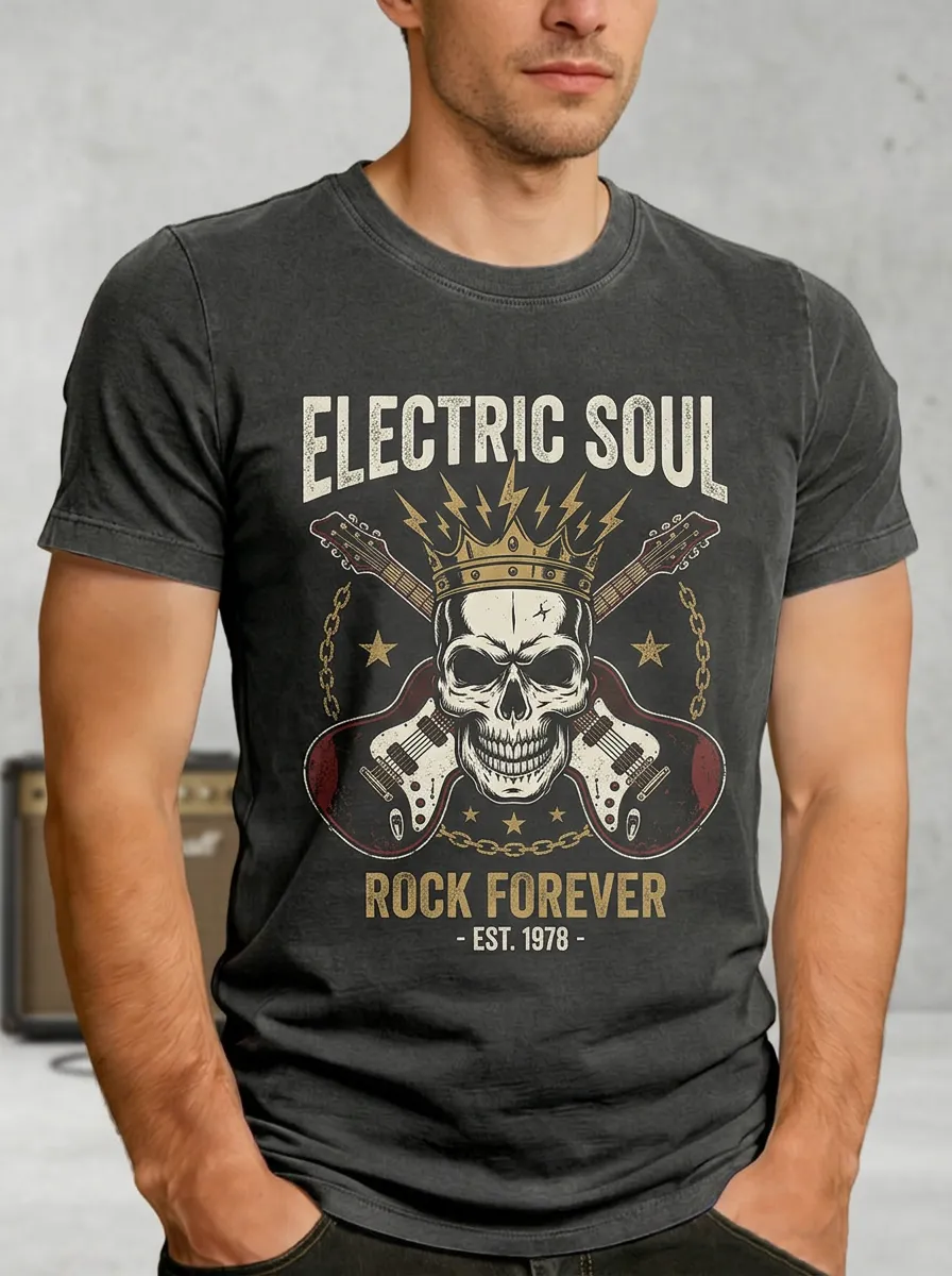 Men's Rock Music Skull Guitar Crown Printed T-shirt