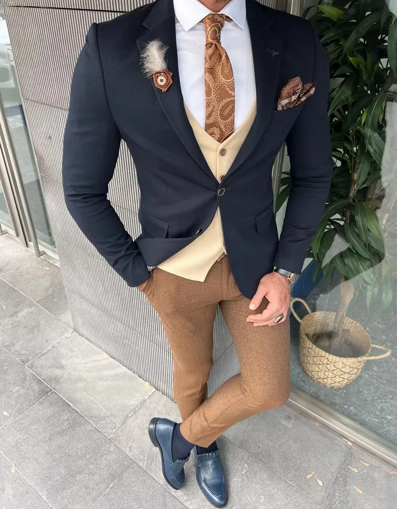 Slim Fit  Italian Fabric Stamped Dark Blazer