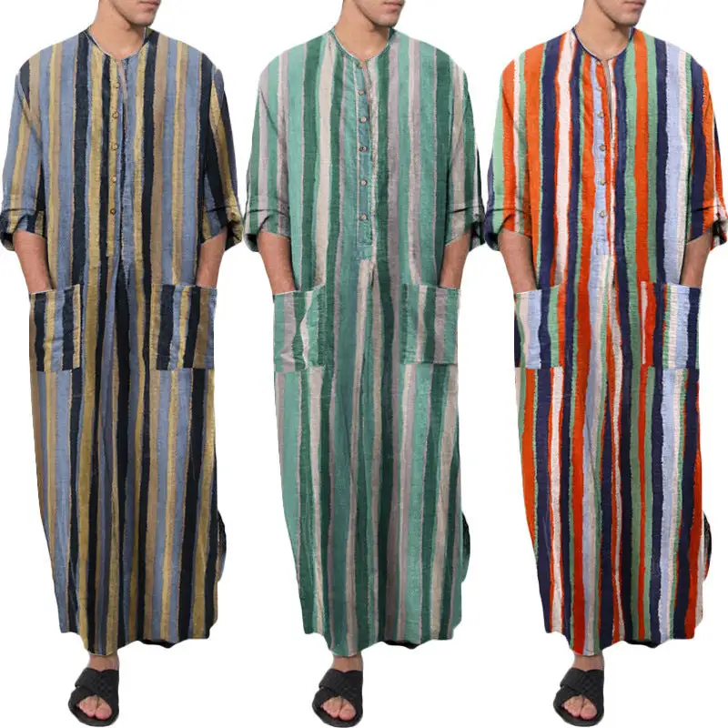 Men's Casual Kaftan Linen Blend With Button Placket And Patch Pockets