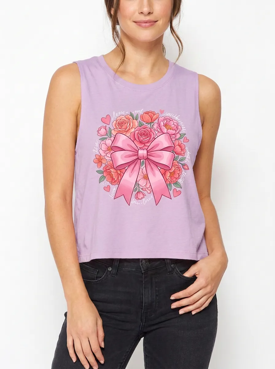 Women's Breast Cancer Awareness Floral Bow Printed Tank Top