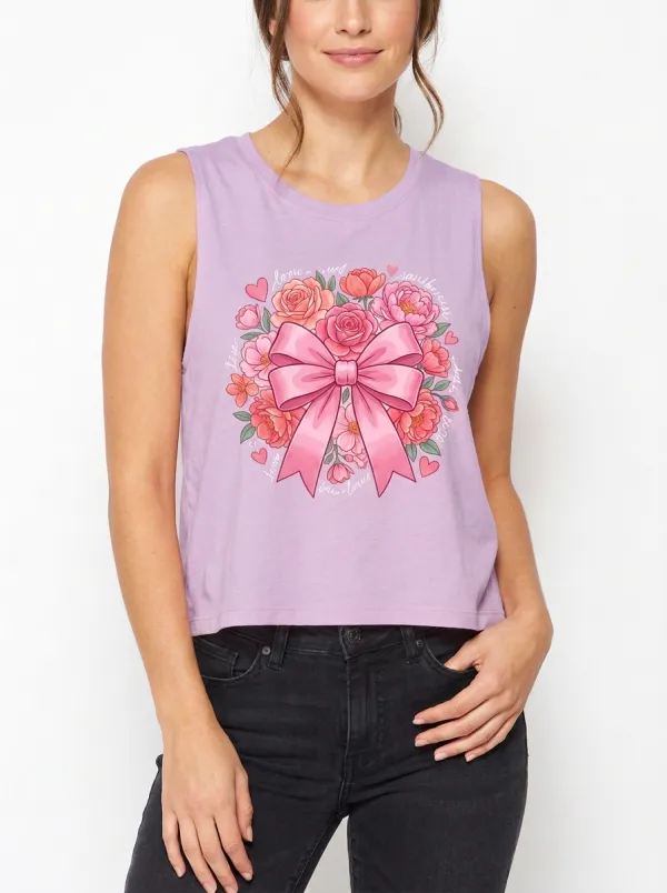 Women's Breast Cancer Awareness Floral Bow Printed Tank Top