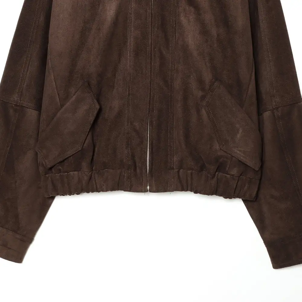 Relaxed Suede Look Stand Collar Zip Front Bomber Jacket